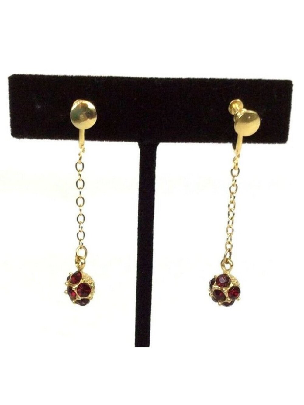 Vintage Gold Dangle Earrings With Red Faceted Stones & Screw Back Closure